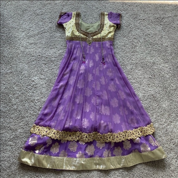 Lavender/Gold Embroidered Tiered Anarkali Dress - Picture 5 of 8